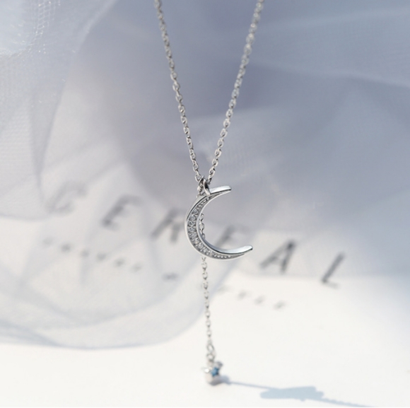 S925 sterling silver crescent moon blue zircon star necklace - Picture 5 of 8